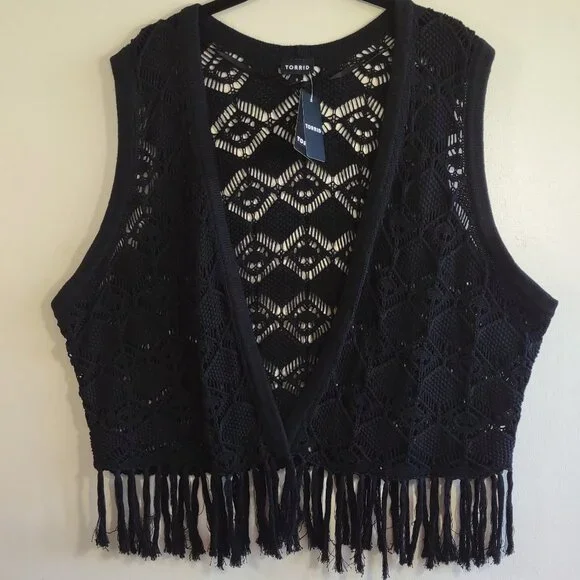 NEW Torrid Pointelle Crochet Vest w/ Fringe Crop Casual Festival  Size 3X - Picture 5 of 10